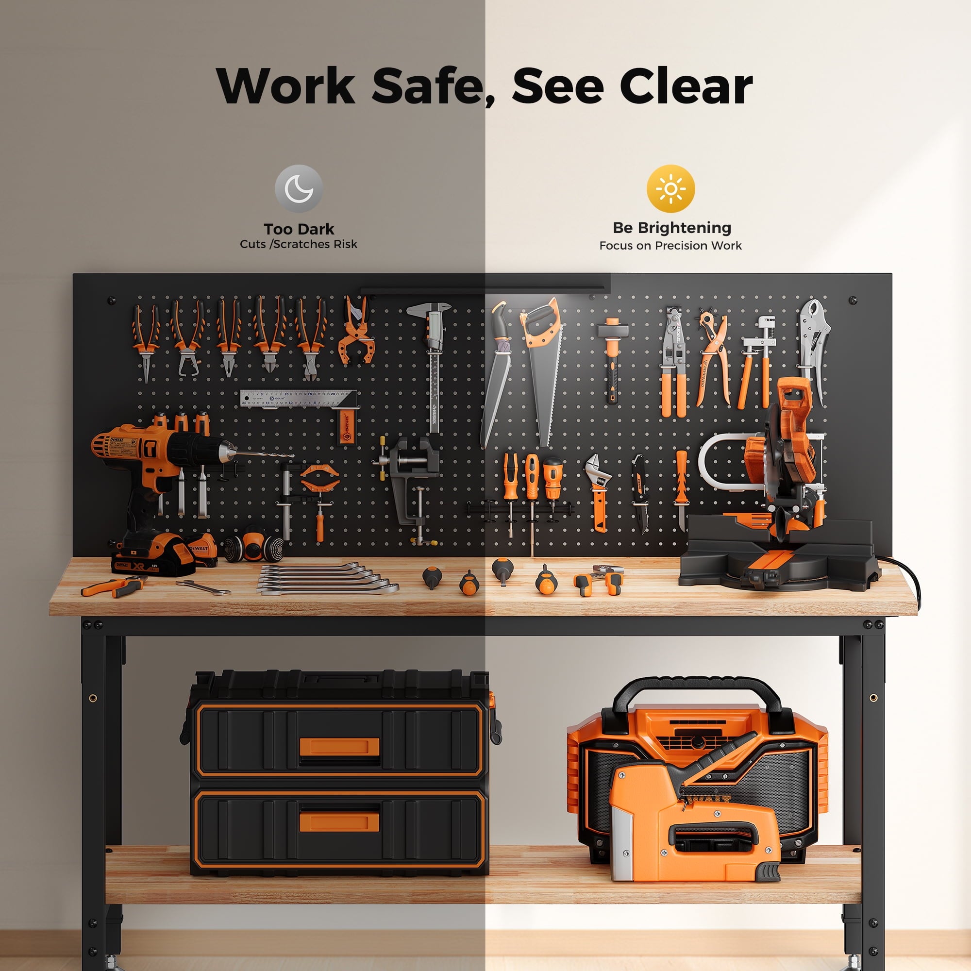 CAMMOO 48 Multifunctional Heavy Duty Workbench for Garage with Pegboard, 2000LBS Load,Adjustable Height Worktable,Storage Shelf,LED Light, Built-in Power Strip