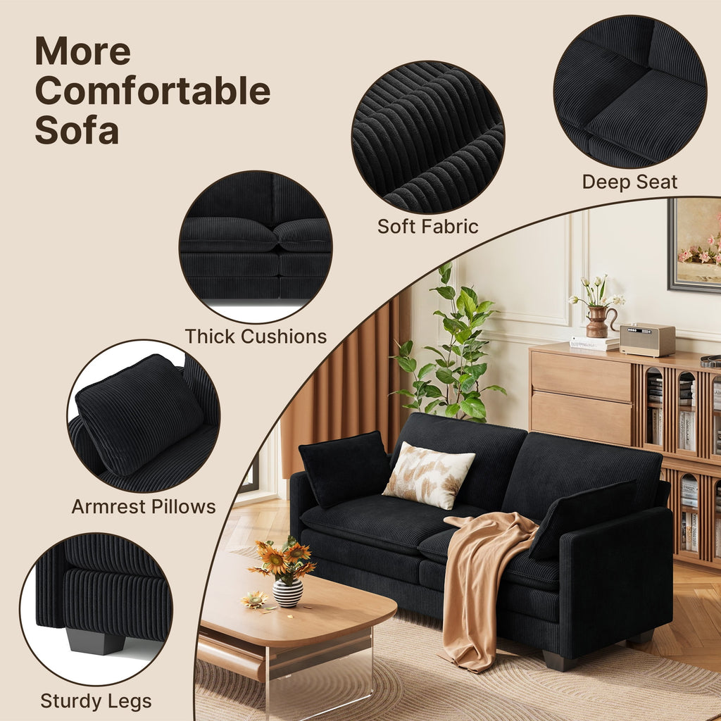 110'' Oversized L Shaped Couch for Living Room, Cloud Couches with Washable Corduroy Cover, Modern 4-Seater Comfy Deep-Seat Sofa with Movable Ottoman and 2 Throw Pillows for Apartment, Gray