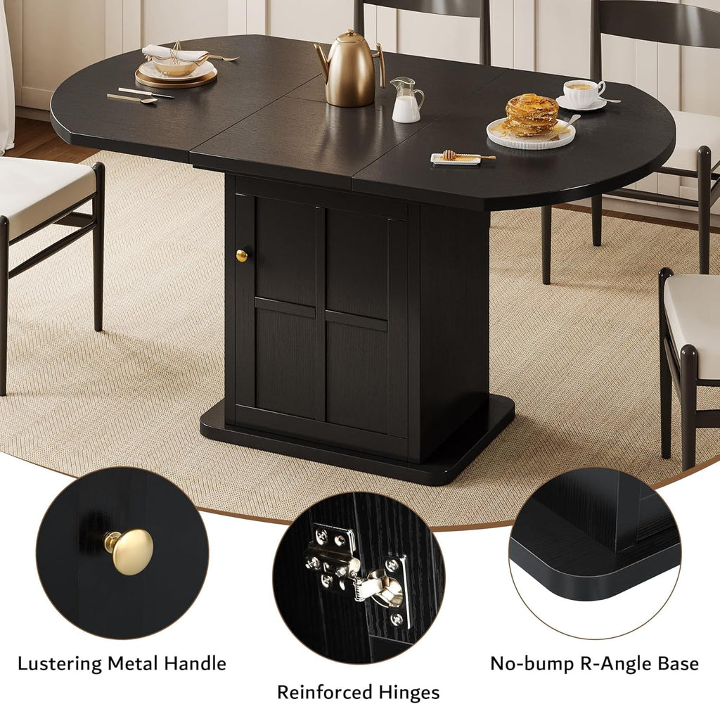 iPormis Extendable Round Dining Table for 4-6, 59'' Modern Kitchen Table with 2-Tier Storage Shelf, Wood Door, MDF Board, Space Saving Oval Dinner with Sturdy Pedestal Base, Kitchen, Dining,Walnut