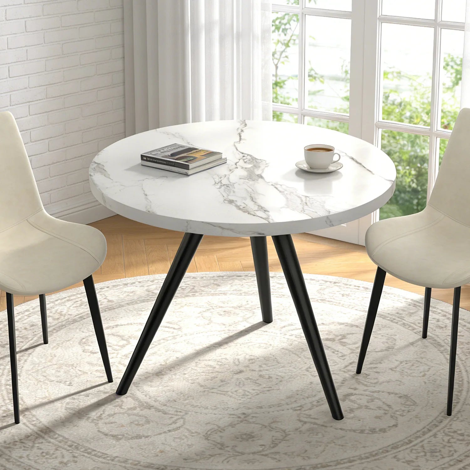 34.8 Round Dining Table Set for 4,5 Piece Mid-Century Modern Dining Set with 4 Upholstered Dining Chairs,Leisure Coffee Table for Kitchen Dining Room, Save Space