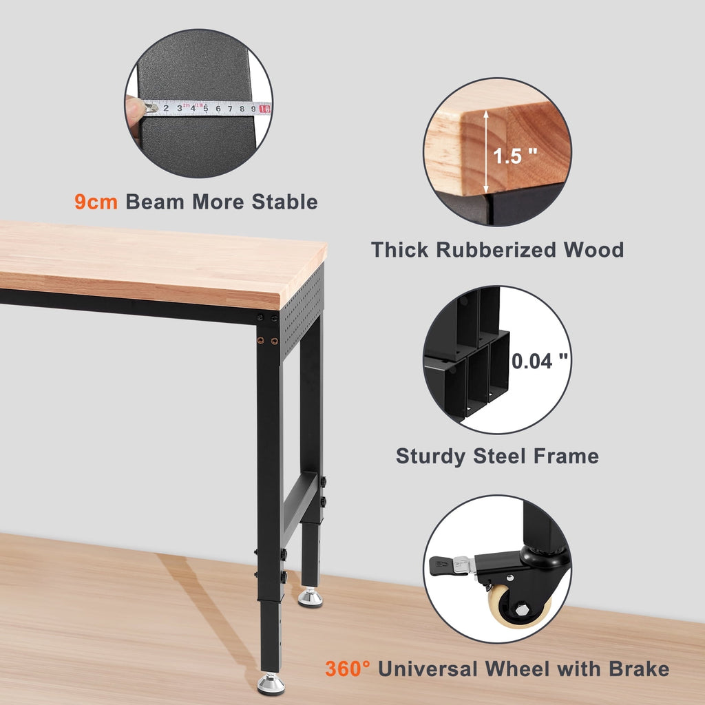 VEVOR Adjustable Workbench, 72 L X 25 W Garage Worktable with Universal Wheels, 28-39.5 Heights & 3000 LBS Load Capacity, with Power Outlets & Hardwood Top & Storage & Foot Pads, for Office Home