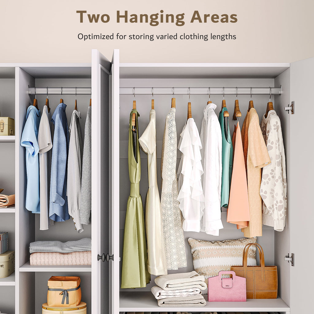 Laisnet 67H Armoire Wardrobe Closet with 4 Doors and 2 Drawers, Adjustable Shelves & Hanging Rods for Bedroom, White