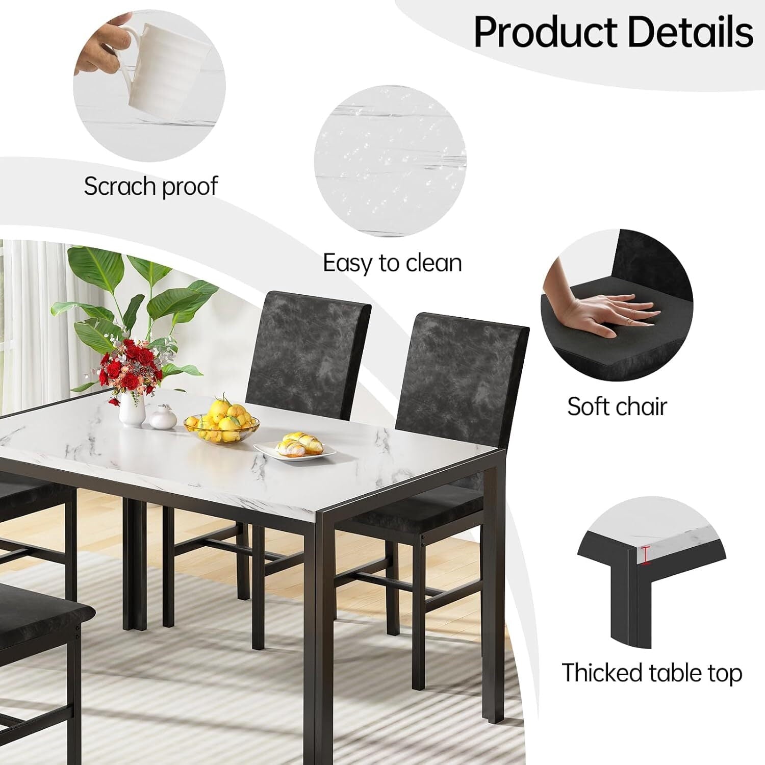 MOOSENG 5-Piece Dining Table Set with Faux Marble Top, Modern Kitchen Table and Set of 4 Grey Velvet Upholstered Chairs, Space-Saving Dinette Set for Small Spaces