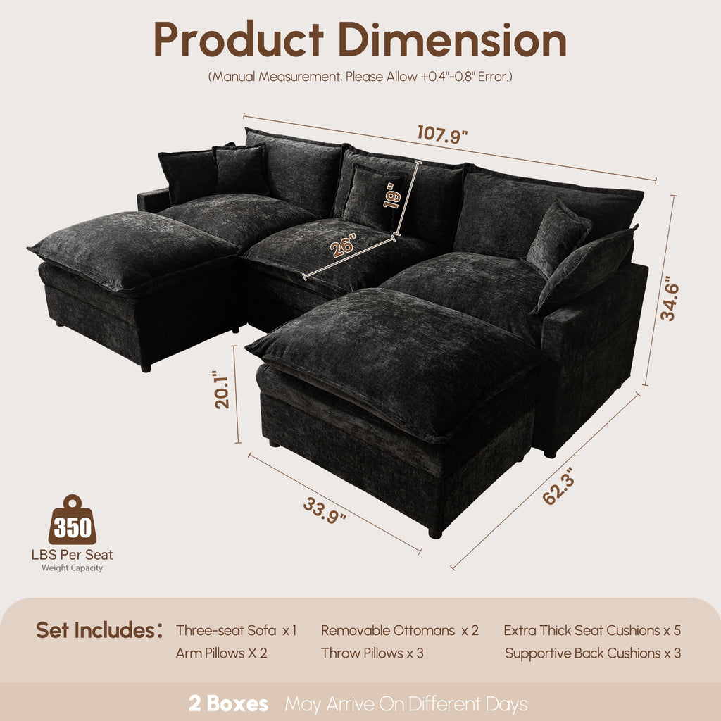Ovios 108 Modular Sectional Sofa U-Shaped Cloud Couch with 2 Ottomans, Comfy Living Room Furniture, Chenille, Dark Blue