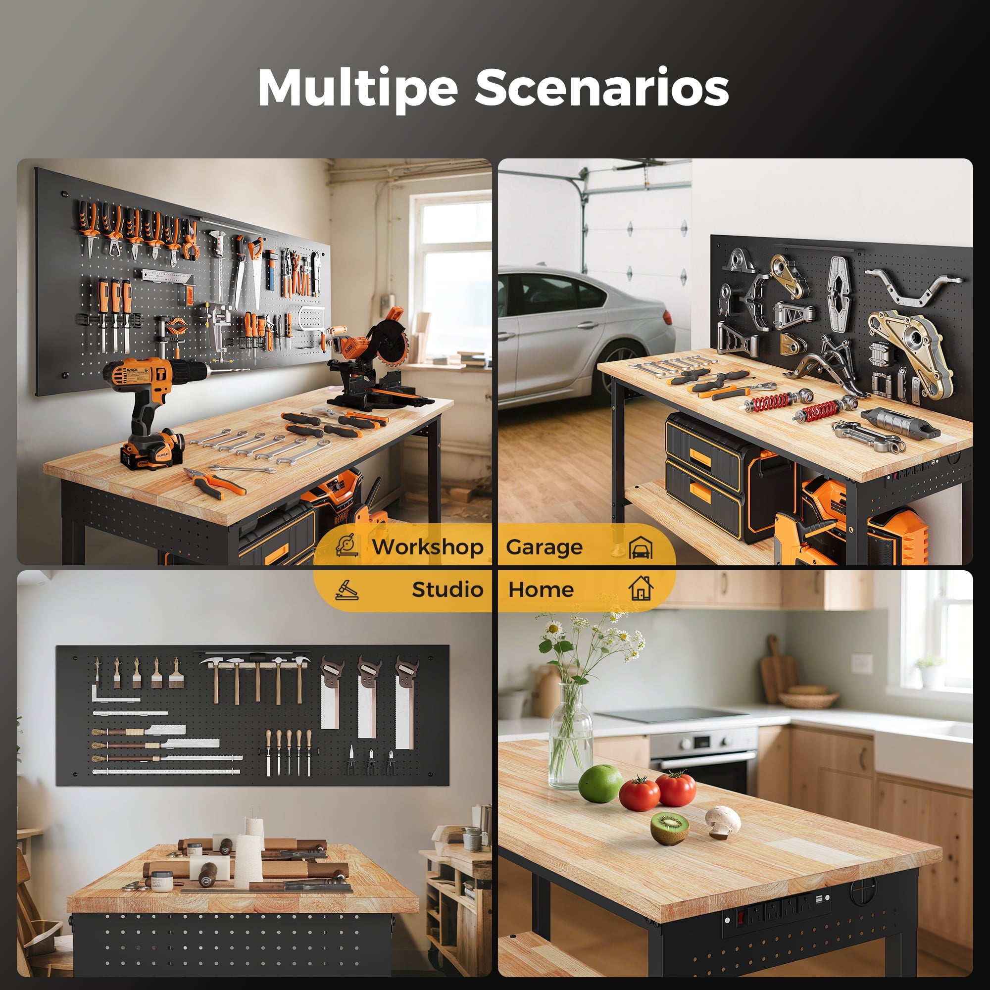 60 Multifunctional Heavy Duty Workbench for Garage with Pegboard,2000LBS Load,Adjustable Height,LED Light,Rubberwood Tabletop