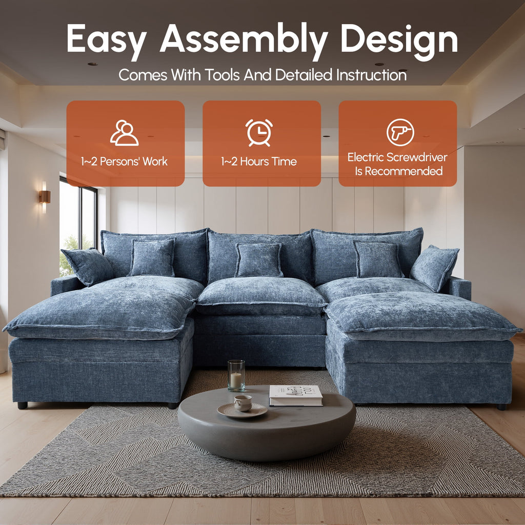 Ovios 108 Modular Sectional Sofa U-Shaped Cloud Couch with 2 Ottomans, Comfy Living Room Furniture, Chenille, Gray