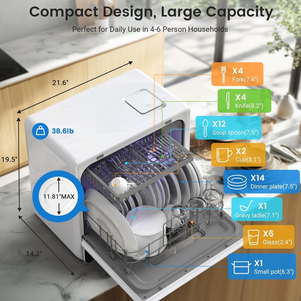 BLITZHOME Smart Wifi Countertop Dishwasher, 9 Programs,5.2L Built-in Water Tank ,3-Spray Arms & 24H Timing,No Installation Needed