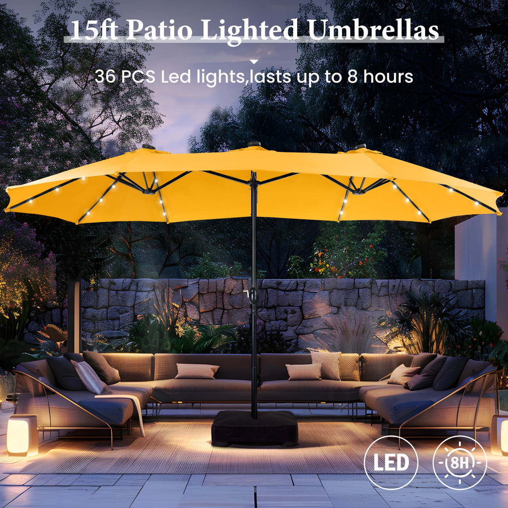 SUMMIT LIVING 15ft Double-Sided Solar Patio Umbrella with Base (Included) Large Outdoor Umbrella with Solar Lights - Beige