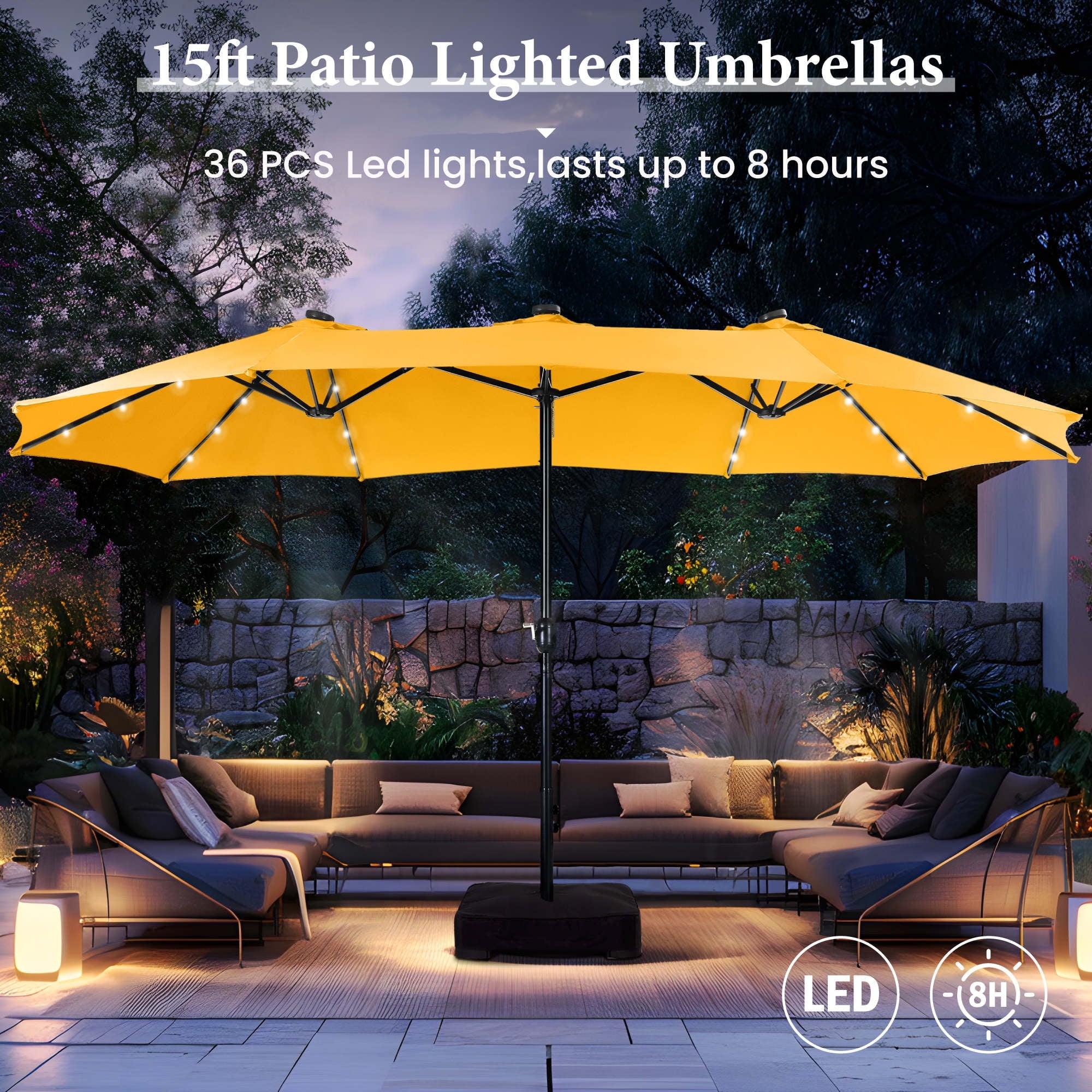 SUMMIT LIVING 15ft Double-Sided Solar Patio Umbrella with Base (Included) Large Outdoor Umbrella with Solar Lights - Beige