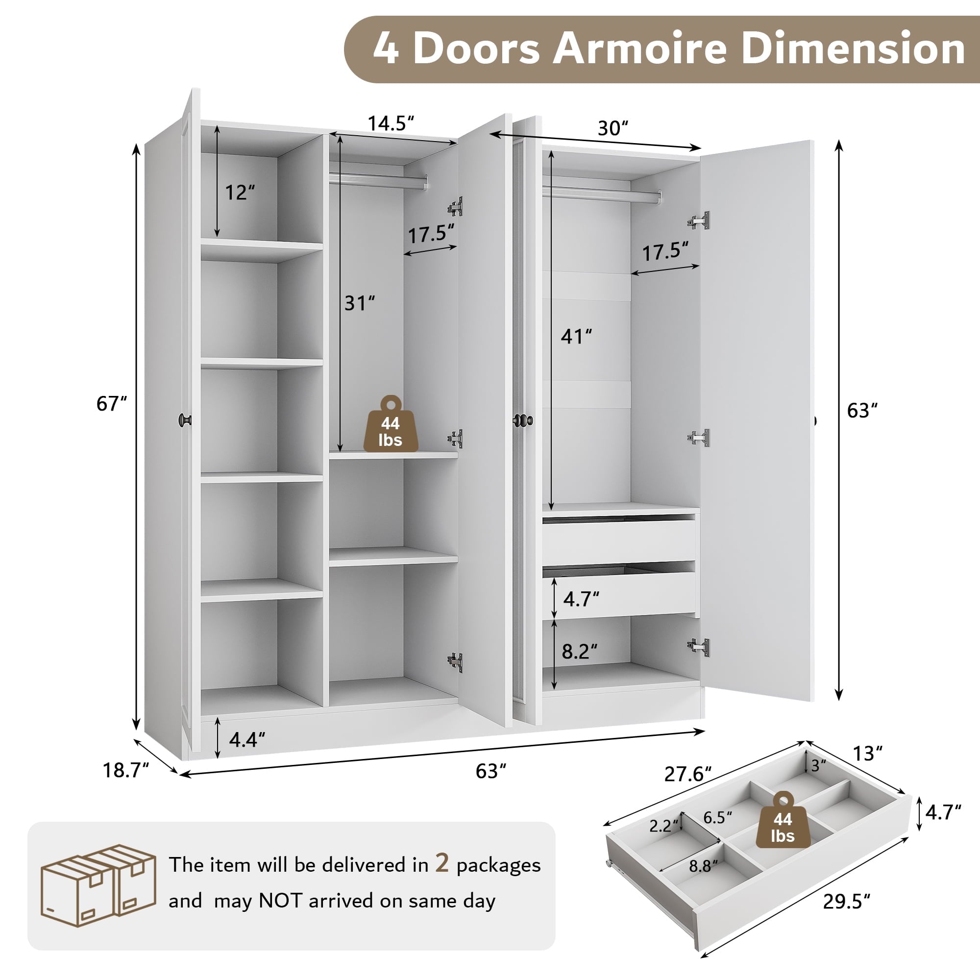 Virans  4 Door Armoire Wardrobe Closet with 2 Drawers,Adjustable Shelves & Hanging Rods,63 W Wood Clothes Cabinet Organizer for Bedroom,White