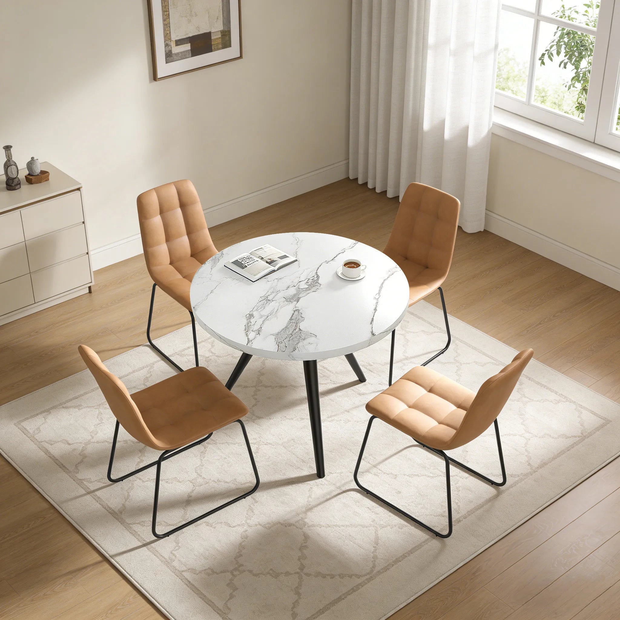 34.8 Round Dining Table for 4 People, Modern Circle Kitchen Table with Metal Legs for Kitchen, Dining Room, Apartment,Gray