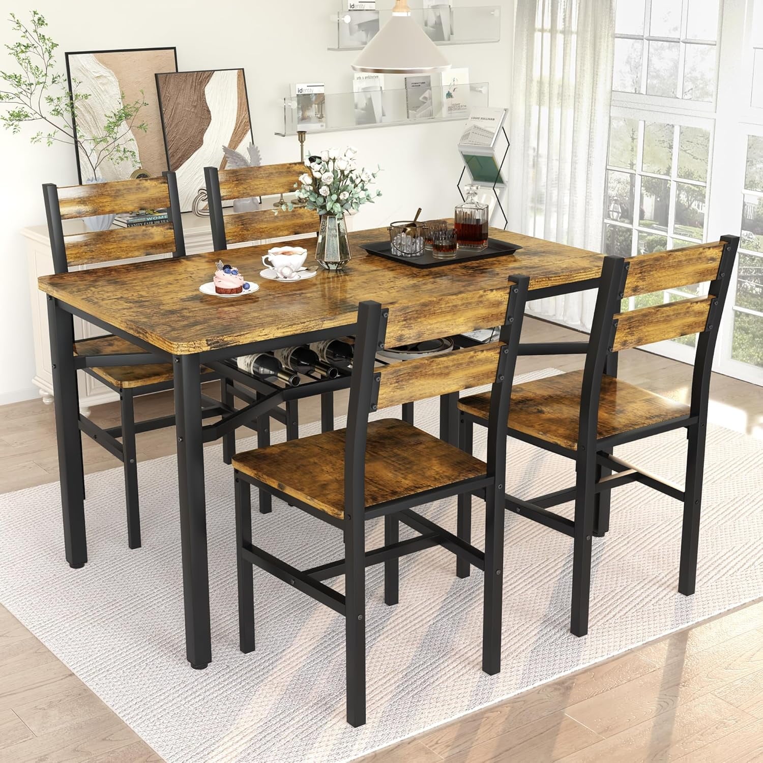 Lamerge 4 Person Dining Table Set, Wooden Dining Table 5 Piece Set with 4 Oak Metal Frame Chairs, Space Saving, Suitable for Apartments, Small Spaces, Kitchens, Breakfast Corners, Espresso Wood C