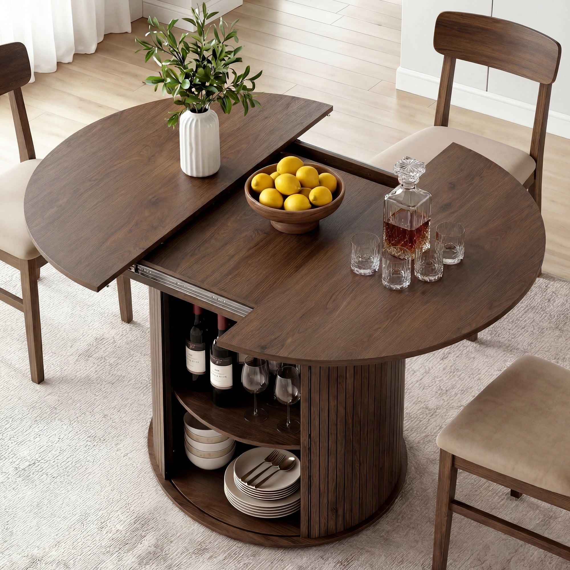 EOP 47″- 63″ Extendable Round Dining Table for 4-6, Wooden Kitchen Table with Hidden Storage and Fluted Sliding Door Cabinet, Modern Space-Saving Table for Dining Room Kitchen, Natural Wood