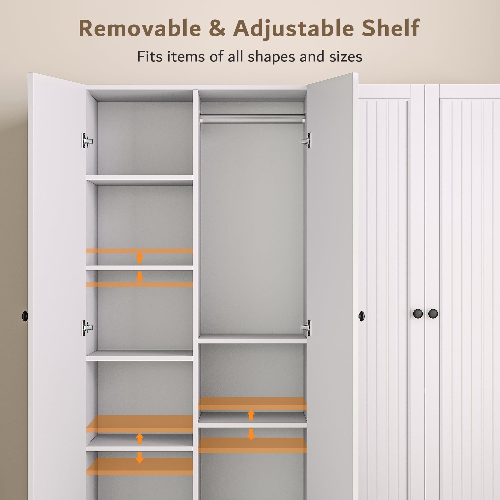 Virans  4 Door Armoire Wardrobe Closet with 2 Drawers,Adjustable Shelves & Hanging Rods,63 W Wood Clothes Cabinet Organizer for Bedroom,White