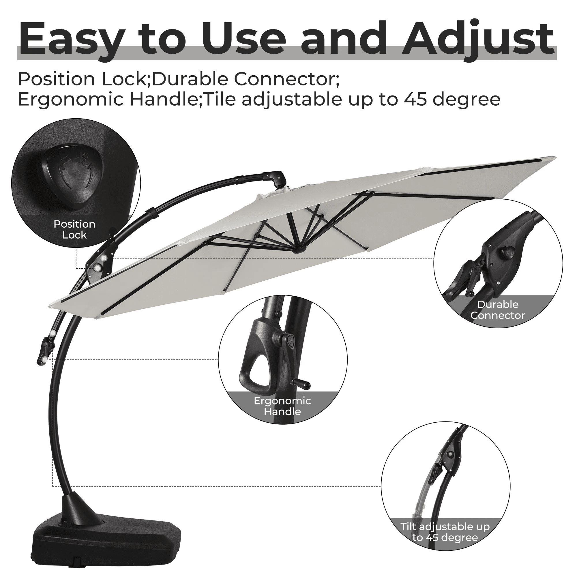 GRANDPATIO 12 Ft Outdoor Umbrella with Base, Large Aluminum Cantilever Offset Umbrella for Patio Pool, Black & White
