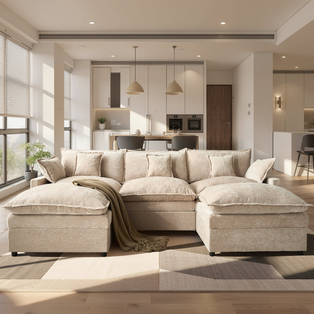 Ovios 108 Modular Sectional Sofa U-Shaped Cloud Couch with 2 Ottomans, Comfy Living Room Furniture, Chenille, Gray