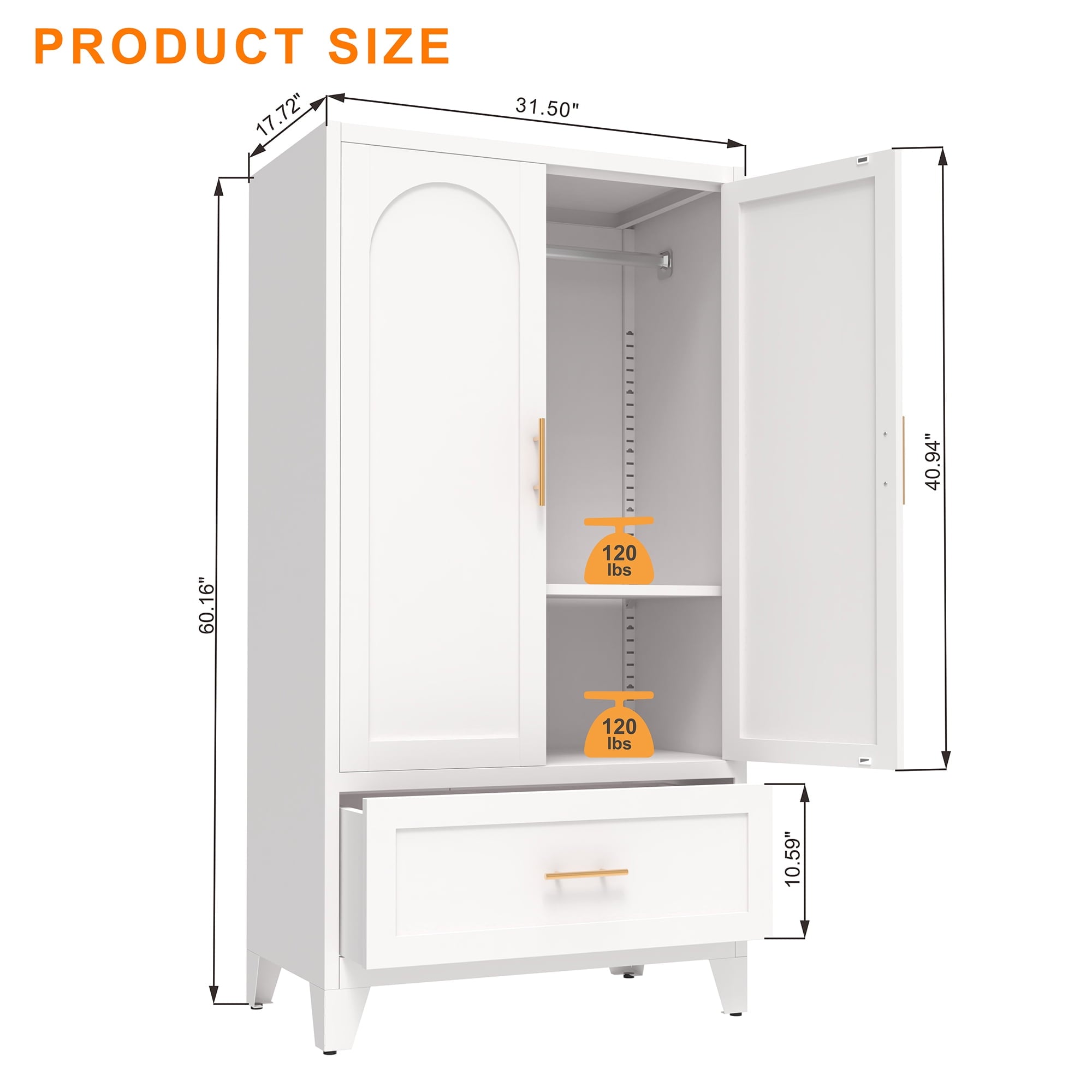 AISWORD 60 Tall Metal Wardrobe Cabinet with 1 Drawer and Hanging Rod, 2 Doors Closet with Adjustable Shelf, White