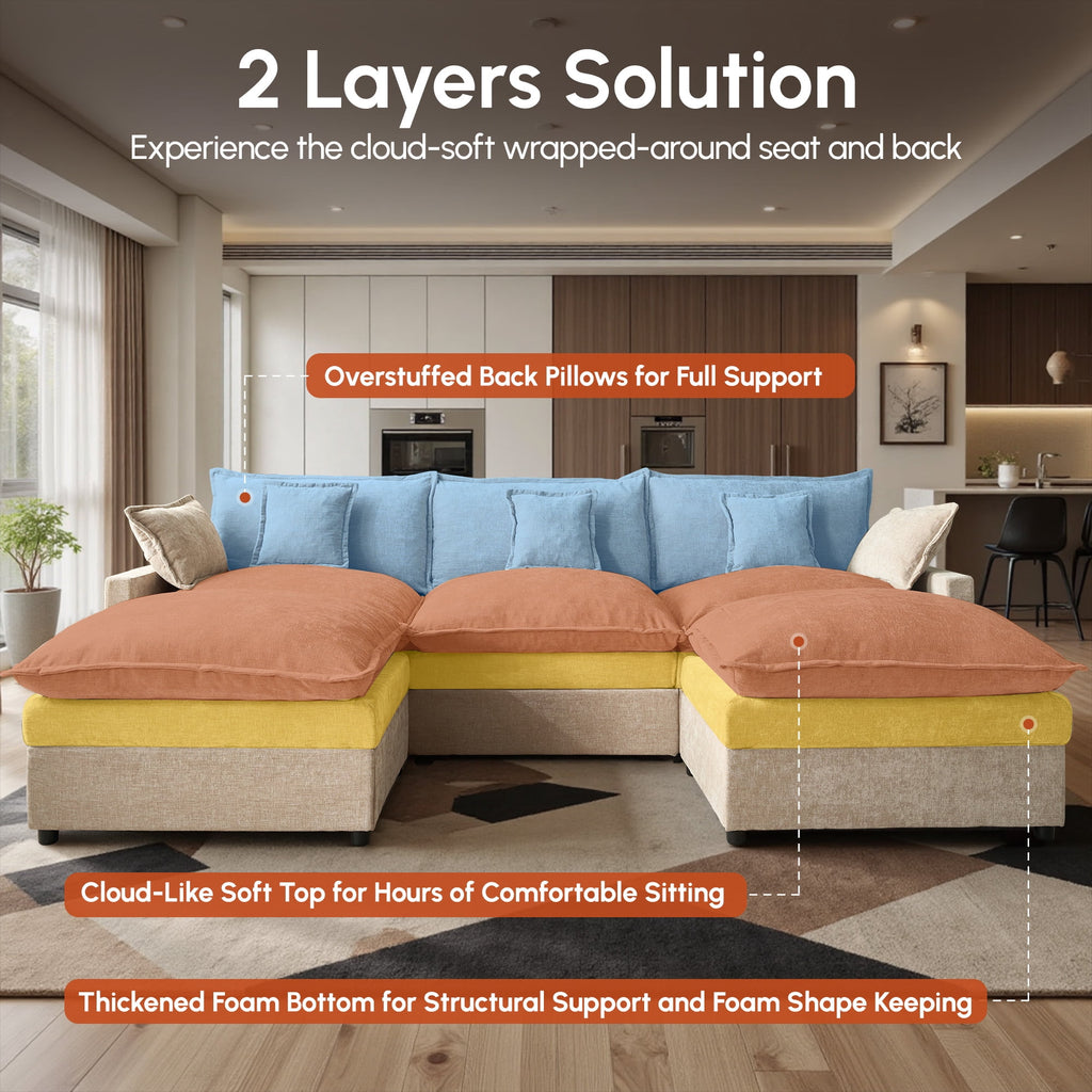 Ovios 108 Modular Sectional Sofa U-Shaped Cloud Couch with 2 Ottomans, Comfy Living Room Furniture, Chenille, Gray