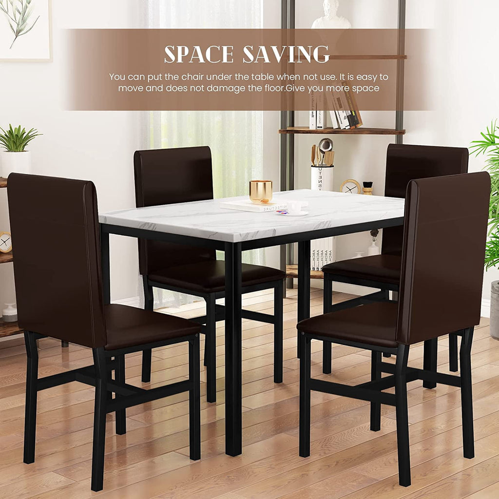 MIERES 5-Piece Dining Table Set for 4, Faux Marble Kitchen Table and 4 Chairs, Modern Dining Room Table with 4 Chairs, Dinner Table Set for Small Spaces, Brown