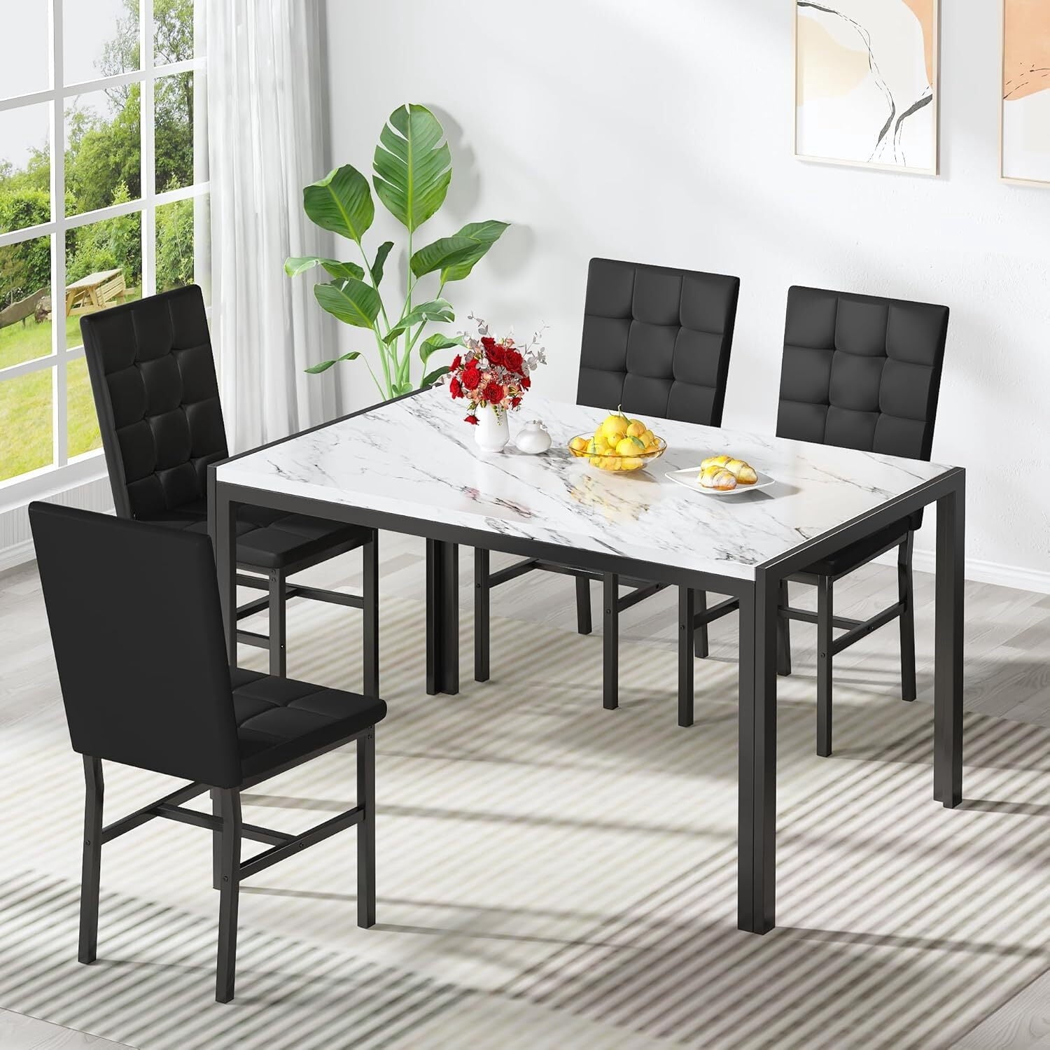 MOOSENG 5-Piece Dining Table Set with Faux Marble Top, Modern Kitchen Table and Set of 4 Grey Velvet Upholstered Chairs, Space-Saving Dinette Set for Small Spaces