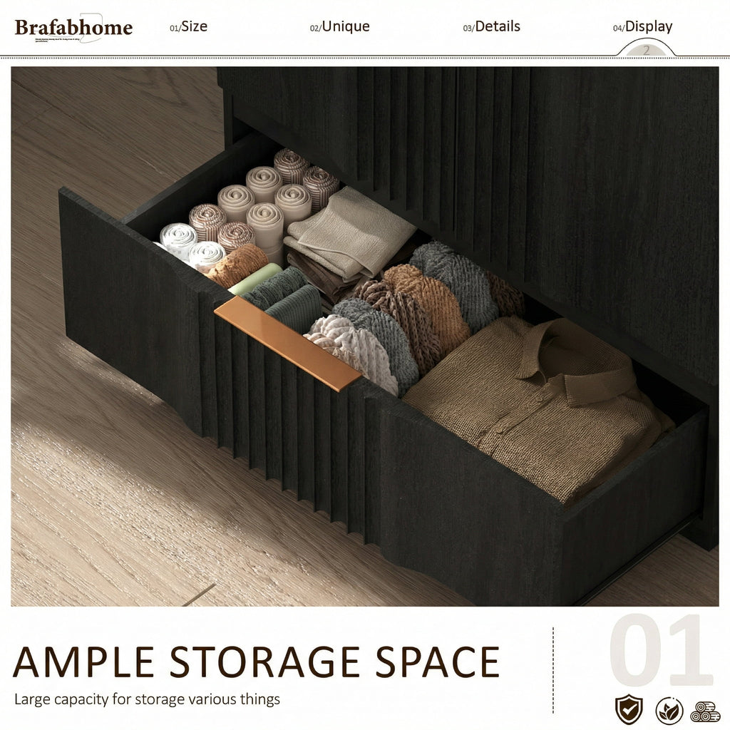 Brafabhome 67H Fluted Armoire Wardrobe Closet with Drawer, Wooden 2 Doors Wardrobe Cabinet with Hanging Rod & Adjustable Shelf for Bedroom | Nature