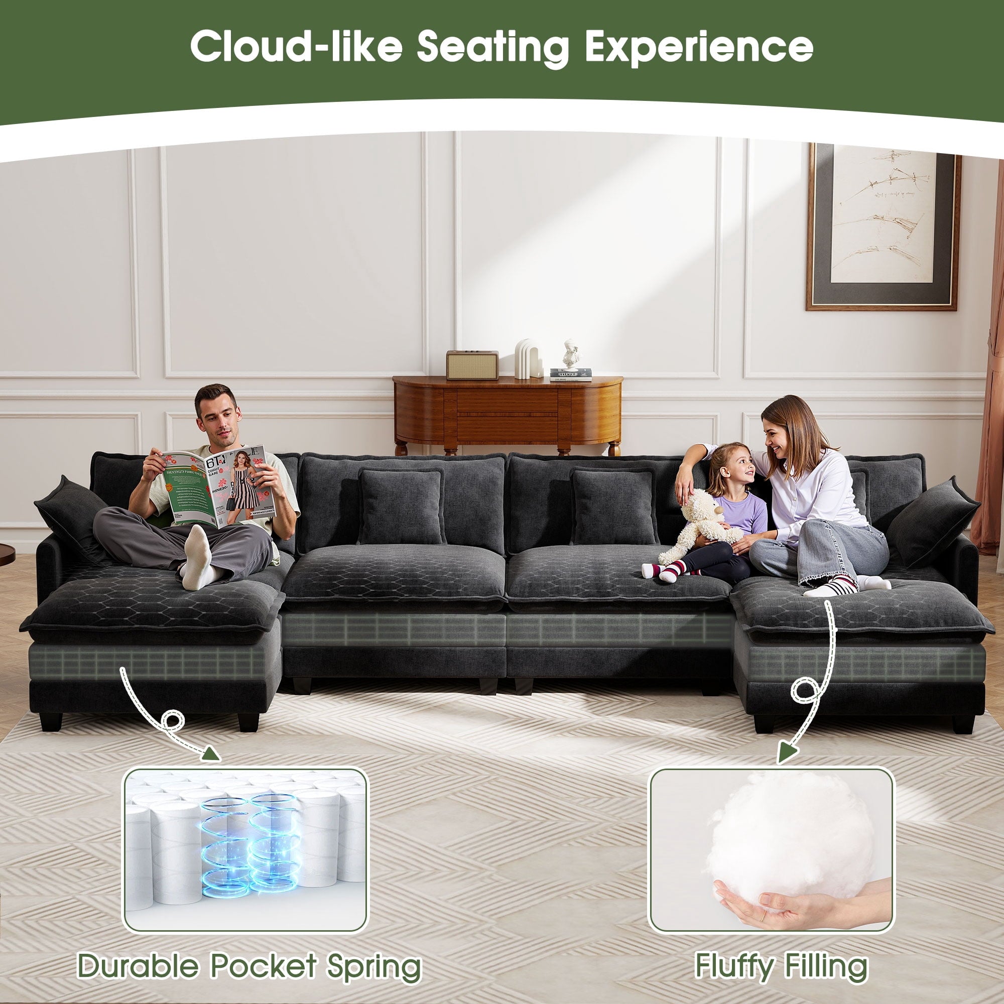 BedLuxury 111.5'' Modular Sectional Sofa with Movable Ottomans, U Shaped Cloud Couch for Living Room, 3-Seat, Grey