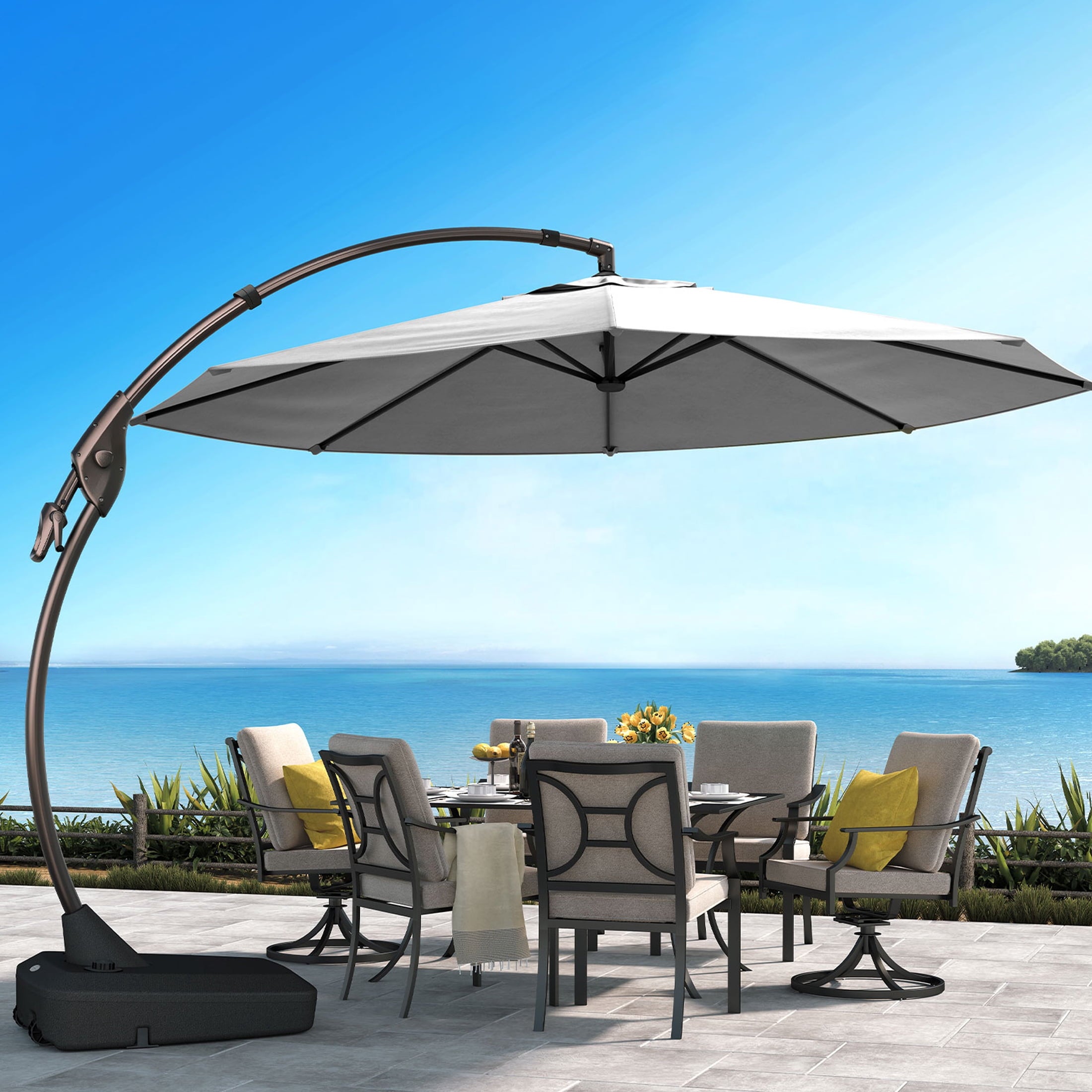 GRANDPATIO 12 Ft Outdoor Umbrella with Base, Large Aluminum Cantilever Offset Umbrella for Patio Pool, Black & White