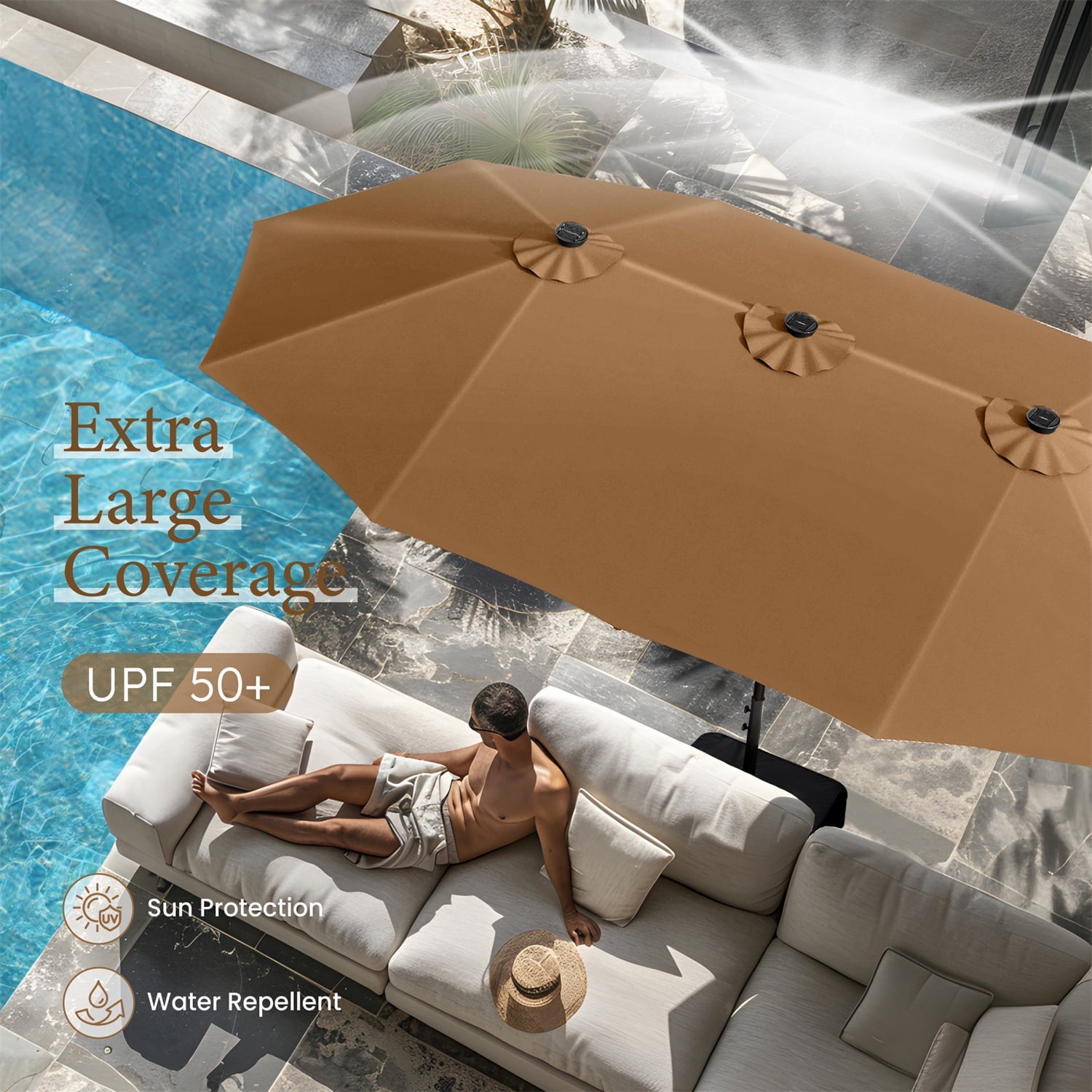 SUMMIT LIVING 15 FT Double-Sided Solar Patio Umbrella with Base Large Outdoor Umbrella with LED Solar Lights - Haze Blue