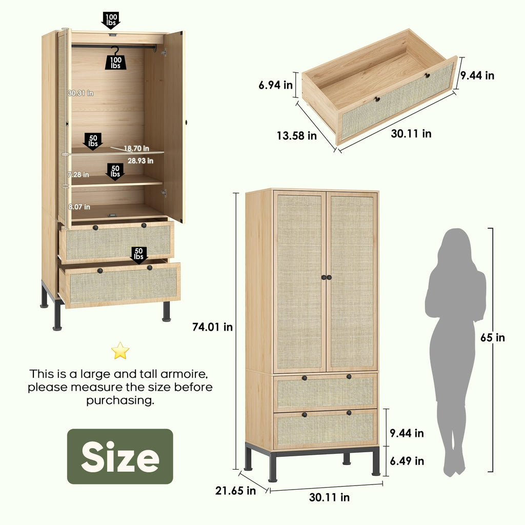 Brafabhome 67H Fluted Armoire Wardrobe Closet with Drawer, Wooden 2 Doors Wardrobe Cabinet with Hanging Rod & Adjustable Shelf for Bedroom | Nature