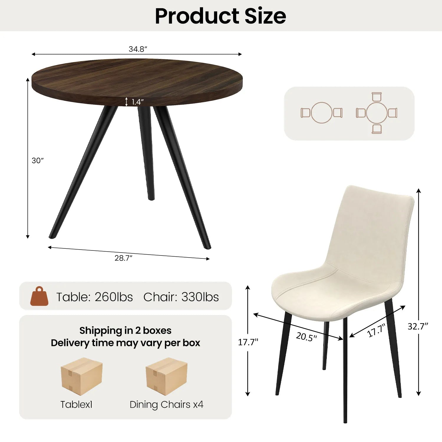 34.8 Round Dining Table Set for 4,5 Piece Mid-Century Modern Dining Set with 4 Upholstered Dining Chairs,Leisure Coffee Table for Kitchen Dining Room, Save Space