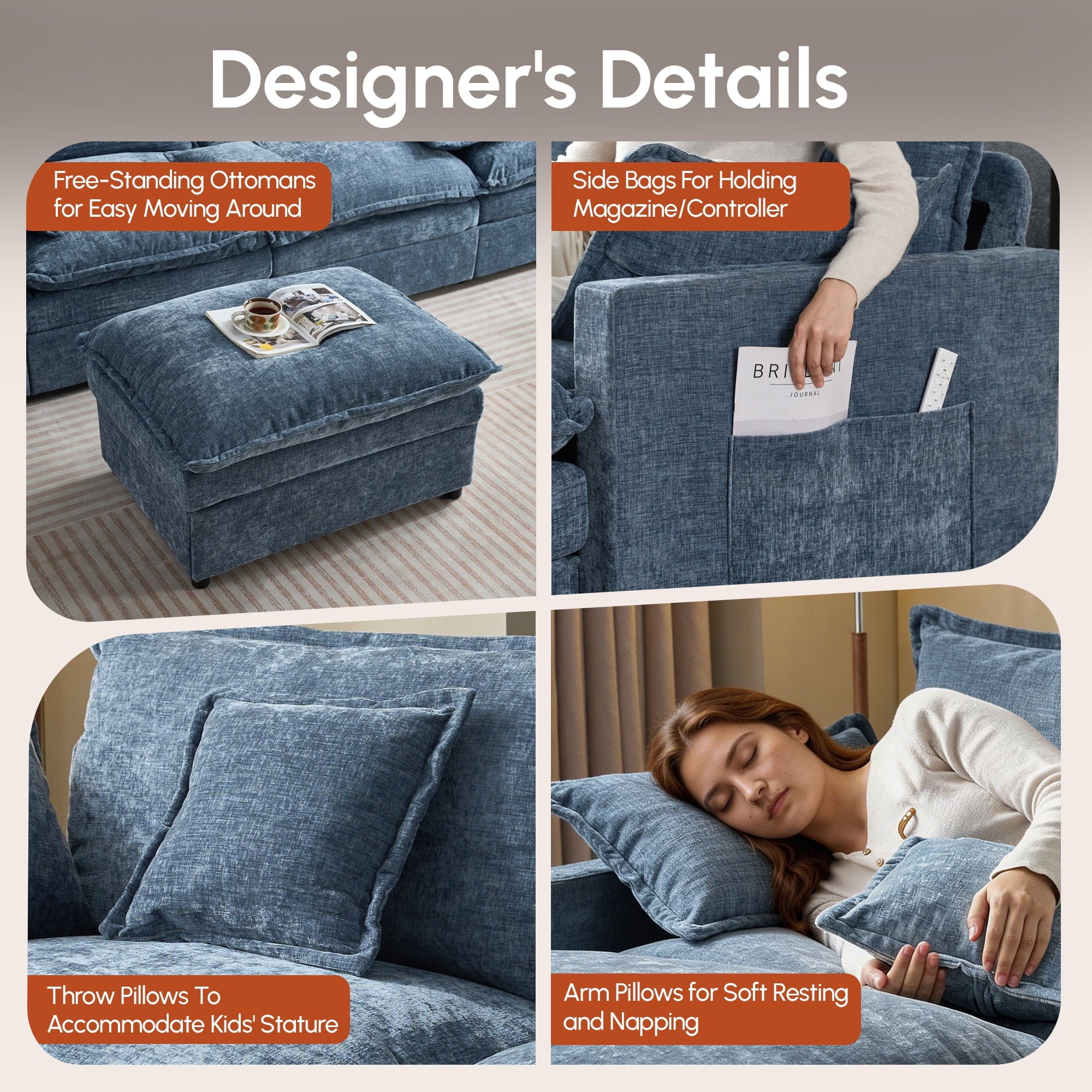 Ovios 108 Modular Sectional Sofa U-Shaped Cloud Couch with 2 Ottomans, Comfy Living Room Furniture, Chenille, Camel