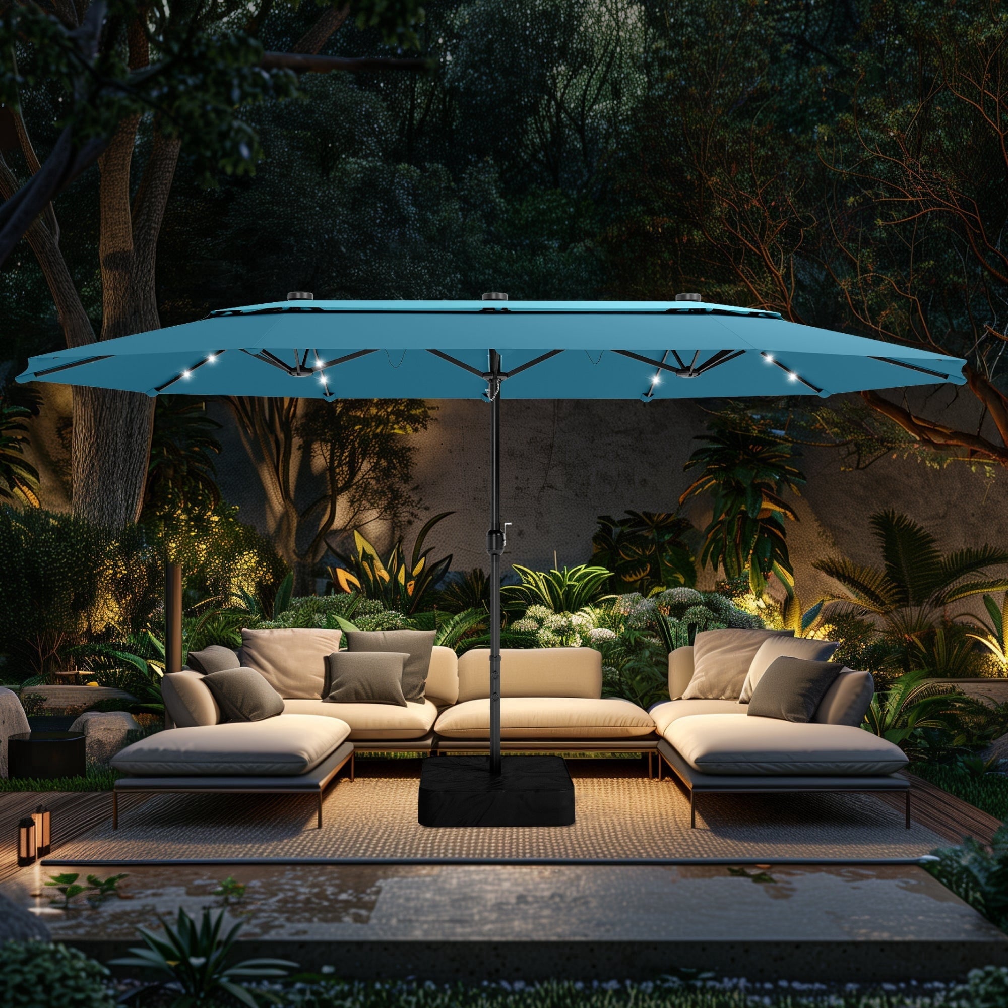 Alpha Joy 15ft Dual-Layer Extra Large Outdoor Patio Umbrella Double-Sided Ventilation Umbrella with Led Lights & Umbrella Base, Beige