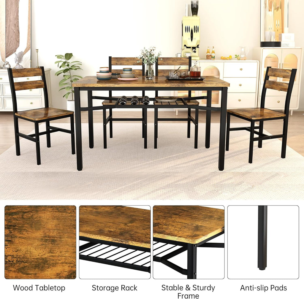 Baxluxe 4-person dining table set, farmhouse-style wooden kitchen dining table and chair set, farmhouse 5-piece dining table set with storage rack, small kitchen dining table set,Black