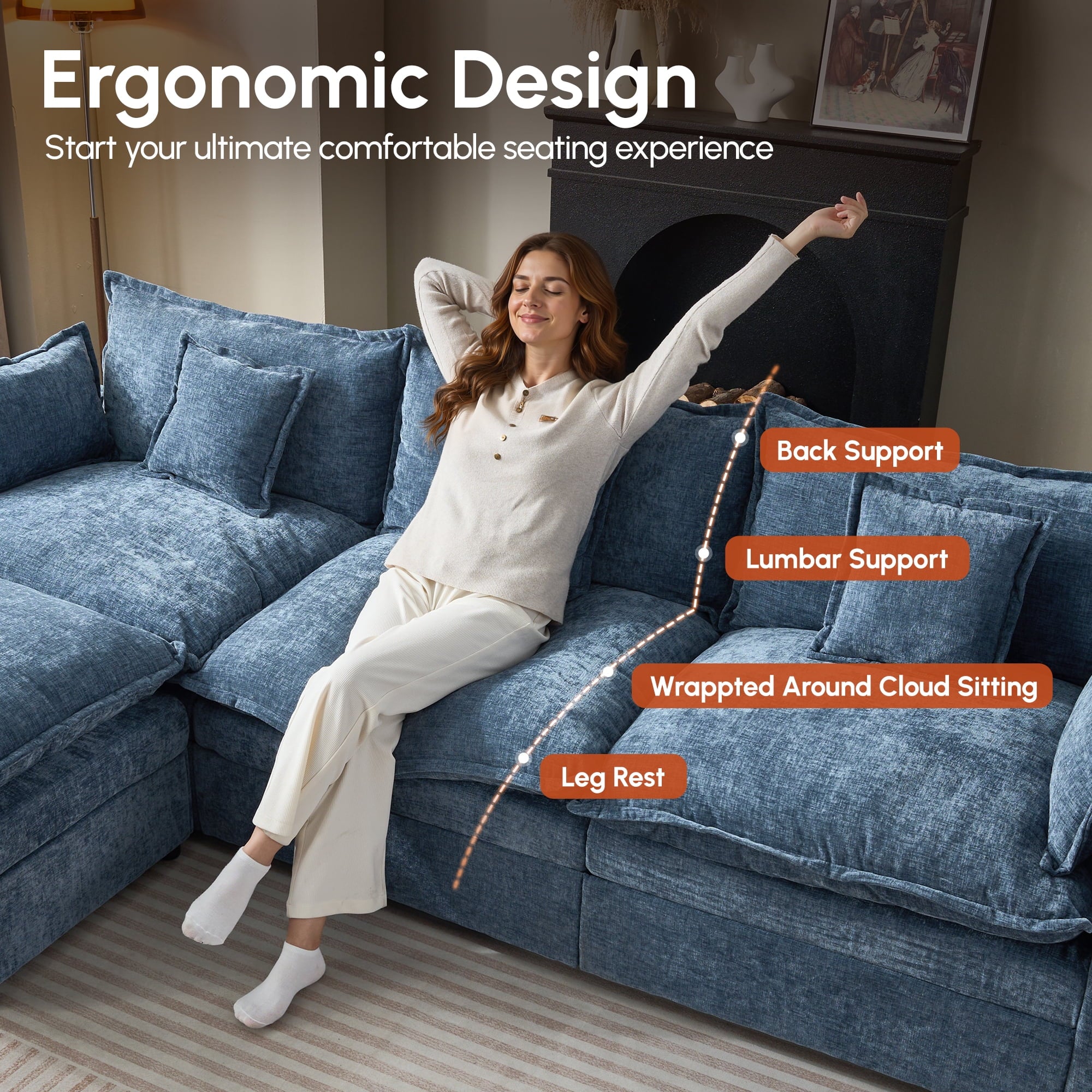 Ovios 108 Modular Sectional Sofa U-Shaped Cloud Couch with 2 Ottomans, Comfy Living Room Furniture, Chenille, Gray