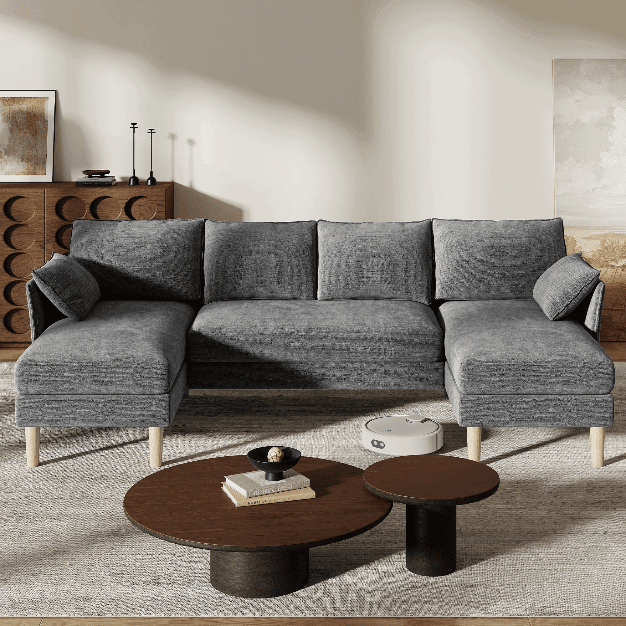 BedLuxury 100 U-Shape Sectional Sofa with Chaise, Chenille Modern Couch with High Legs for Living Room, Apartment, Gray