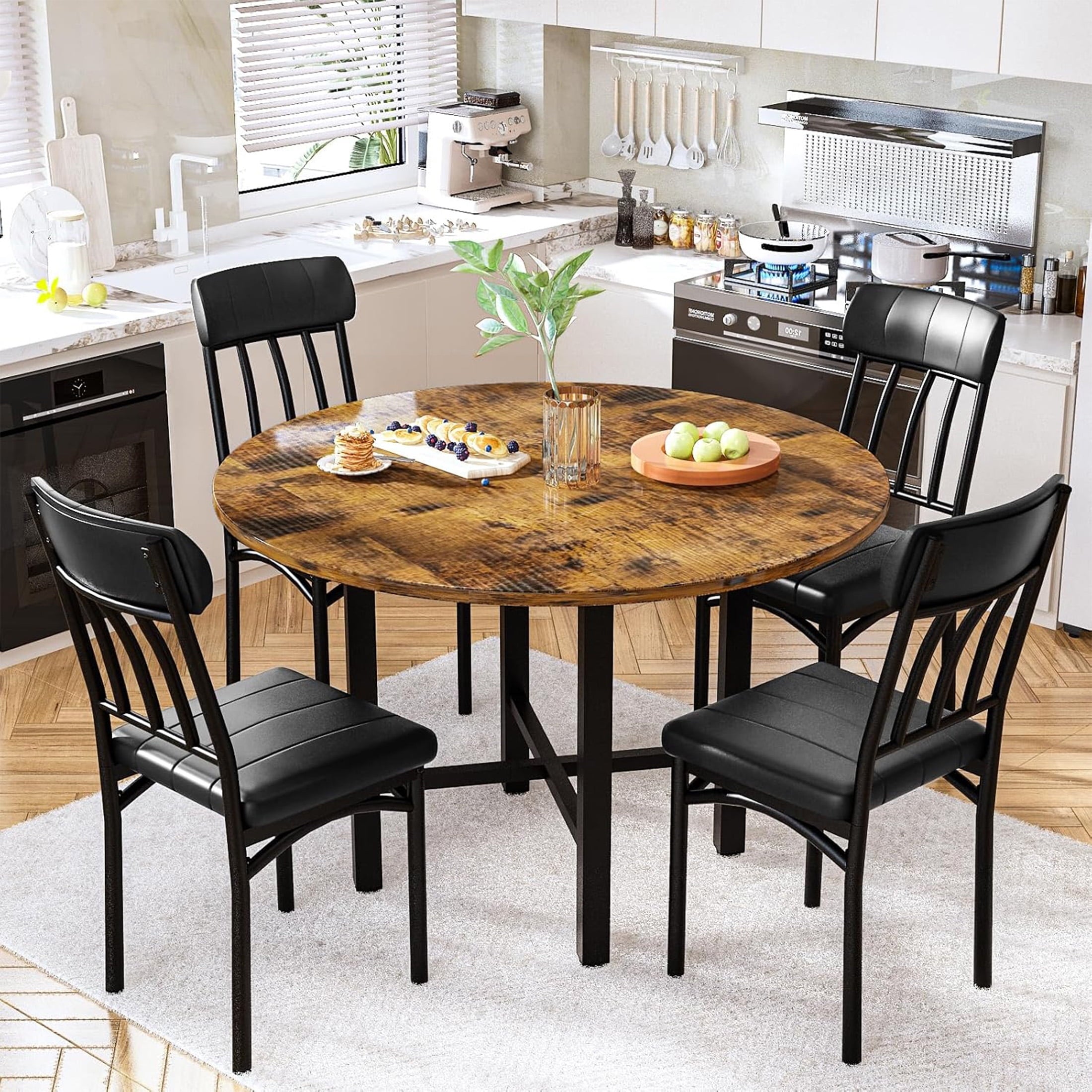 LinkRomat Round Dining Table Set for 4, Modern Dining Room Sets with 4 Faux Leather Chairs, Kitchen Dinner Wooden Table & Chair Set for Small Space, Grey