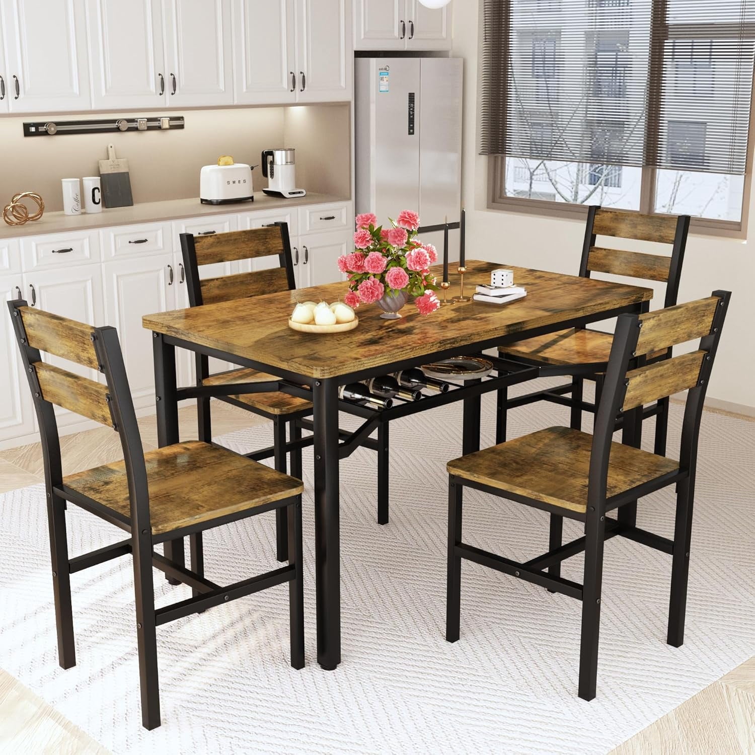 LinkRomat Dining Table Set for 4, Farmhouse Kitchen Table with 4 Wood Chairs, Dining Room Set for Breakfast Nook, Small Places, Restaurant, Gray