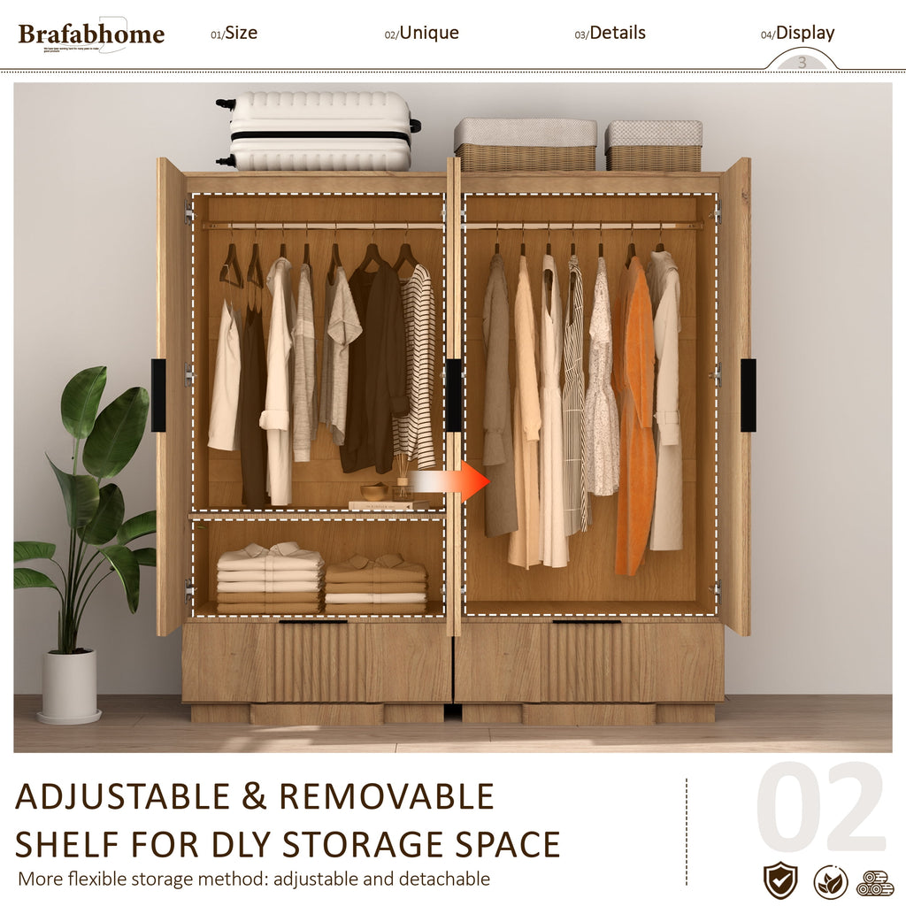 Brafabhome 67H Fluted Armoire Wardrobe Closet with Drawer, Wooden 2 Doors Wardrobe Cabinet with Hanging Rod & Adjustable Shelf for Bedroom | Nature