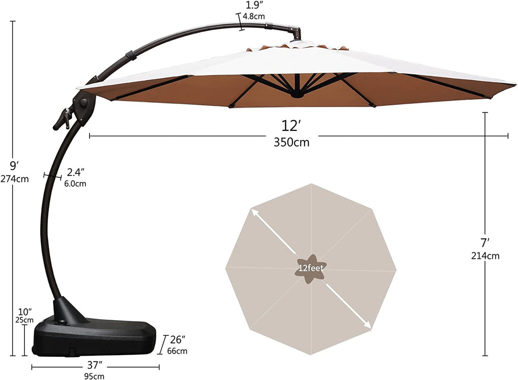 GRANDPATIO 12 Ft Outdoor Umbrella with Base, Large Aluminum Cantilever Offset Umbrella for Patio Pool, Black & White