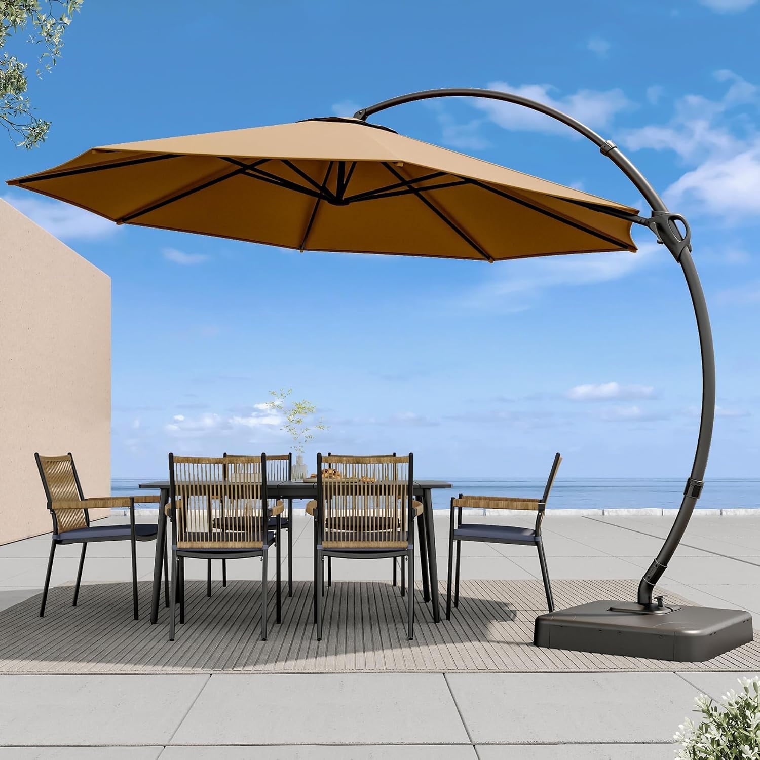 LAUSAINT HOME 11 FT Outdoor Patio Umbrella with Base, Aluminum Cantilever Umbrella with Crank, Champagne