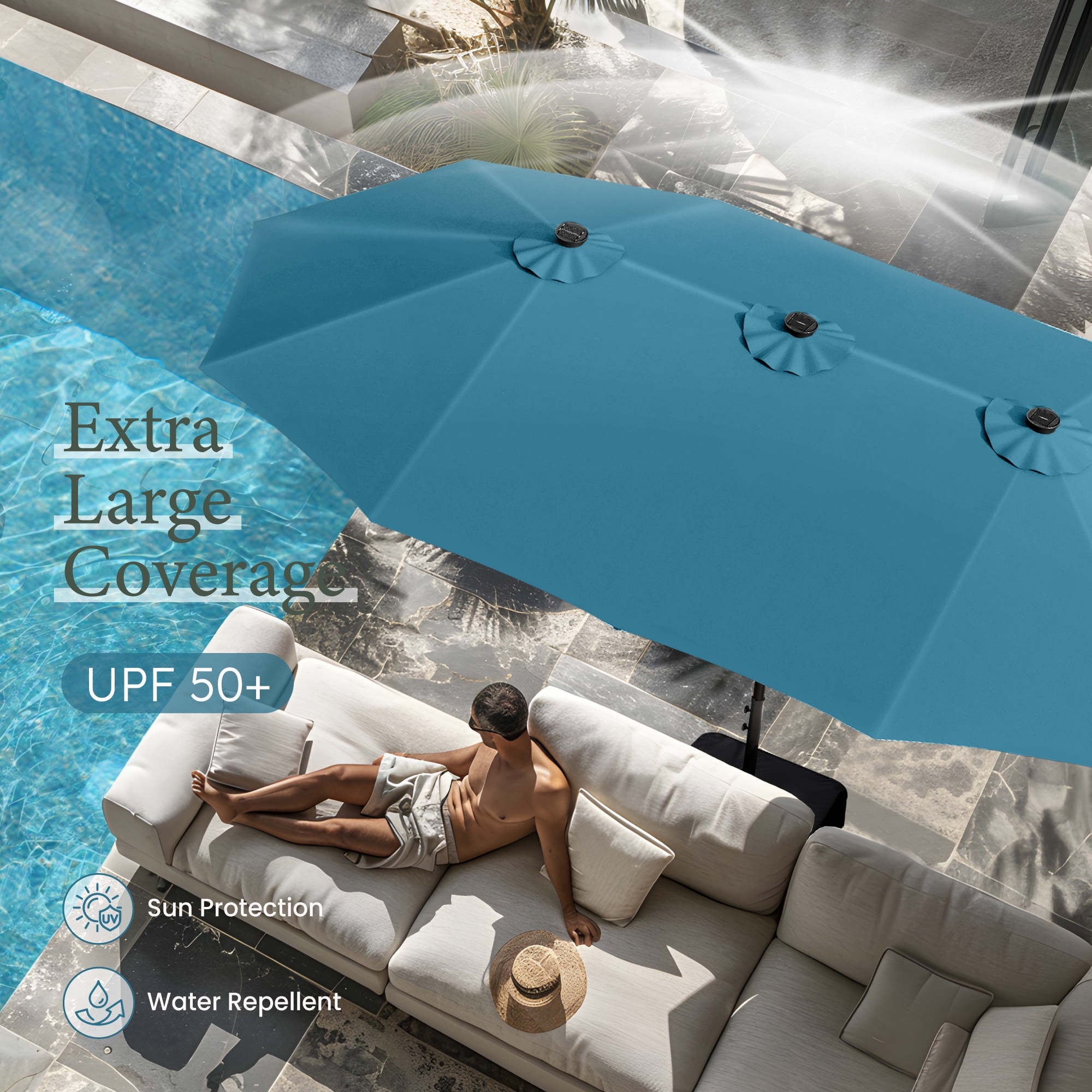 SUMMIT LIVING 15ft Double-Sided Solar Patio Umbrella with Base (Included) Large Outdoor Umbrella with Solar Lights - Beige