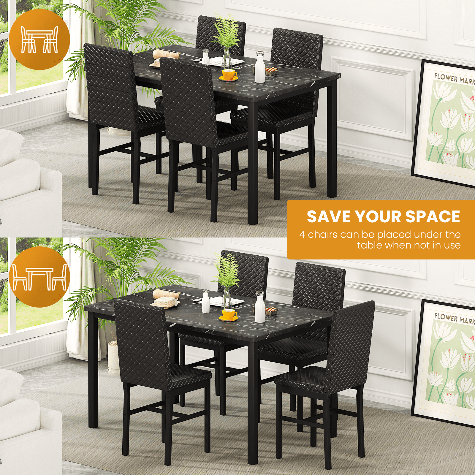 Cvortll 5 Piece Dining Table Set, Kitchen Table and Chairs Set for 4 with Faux Marble and 4 Velvet Upholstered Dining Chairs for Home, Restaurant, Black & Black