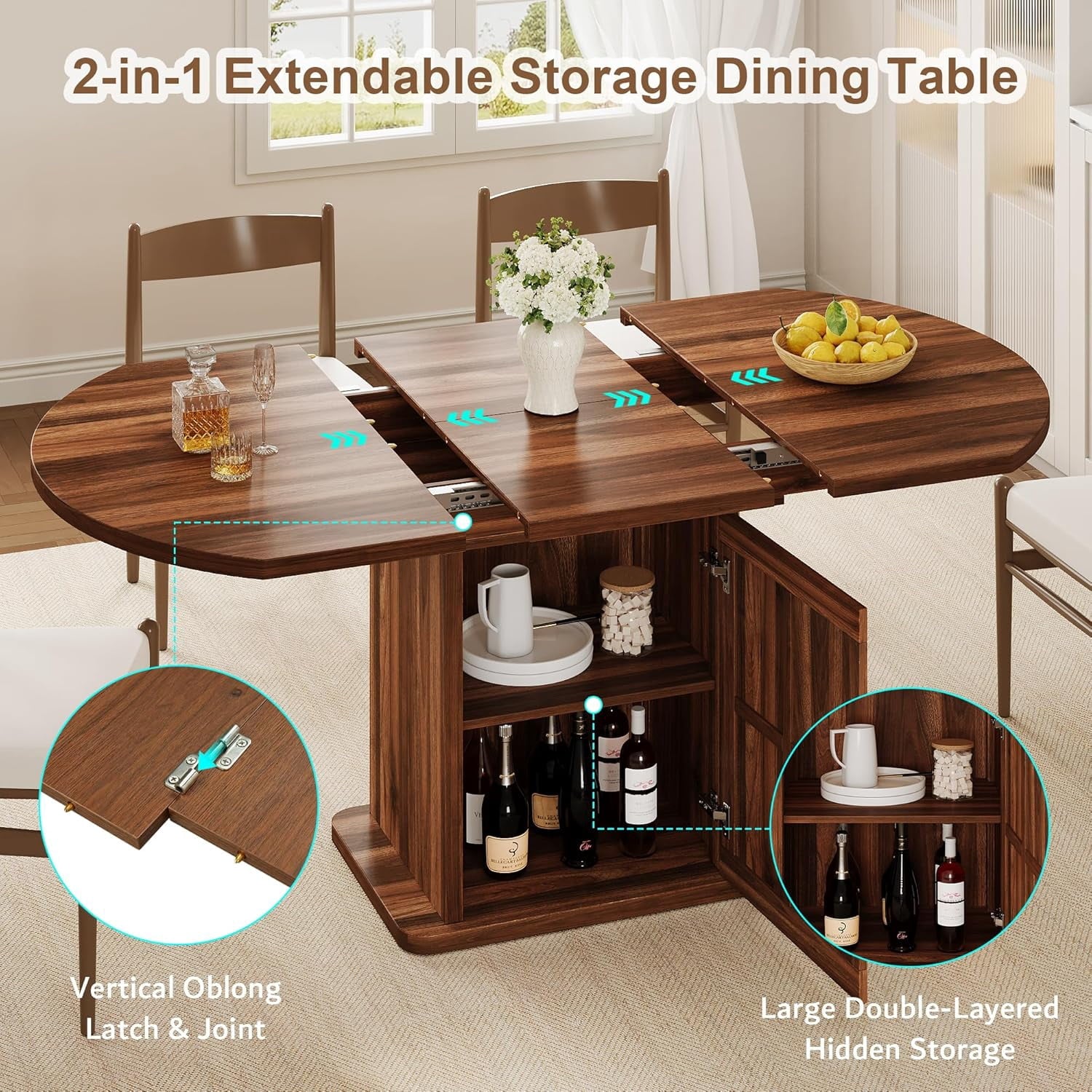 iPormis Extendable Round Dining Table for 4-6, 59'' Modern Kitchen Table with 2-Tier Storage Shelf, Wood Door, MDF Board, Space Saving Oval Dinner with Sturdy Pedestal Base, Kitchen, Dining, Natural