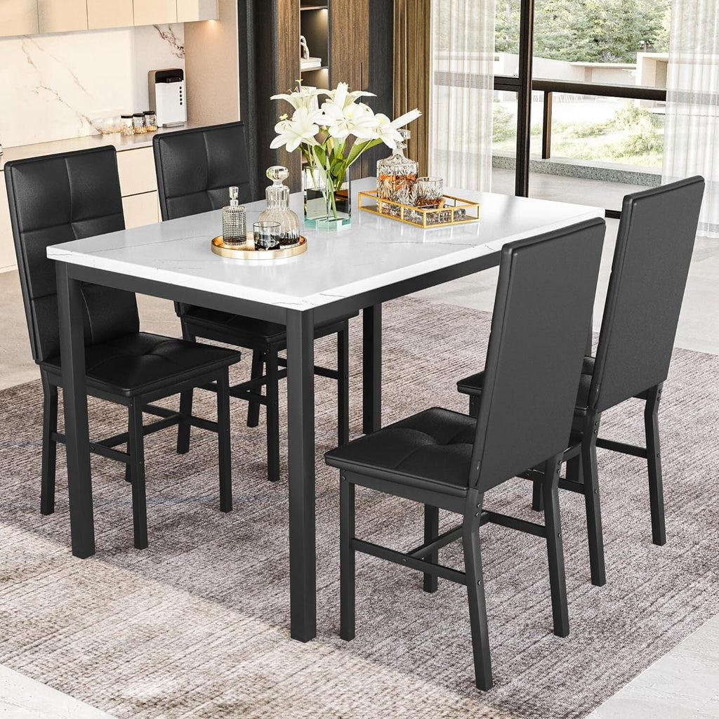 MOOSENG Dining Table Set for 4, Faux Marble Kitchen Table and Chairs Set of 4, 5-Piece Dining Room Set with PU Leather Upholstered Chairs for Small Space, Gray